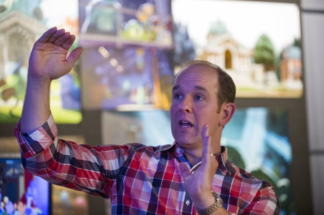 Supervising Animator, Scott Clark talks to press about the animation process at Monsters University Long Lead Press Days. Emeryville, California. April 9, 2013 (Photo by Jessica Lifland/Pixar)