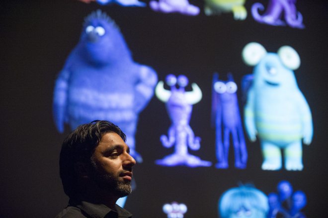 Supervising Technical Director, Sanjay Bakshi talks to press about the technical challenges and achievements of the film at Monsters University Long Lead Press Days. Emeryville, California. April 9, 2013 (Photo by Jessica Lifland/Pixar)