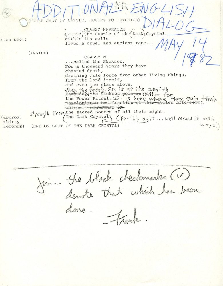 April 19-30, 1982: Jim Henson works on changes to the script. See Frank Oz's note to Jim at the bottom.