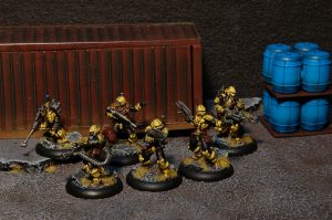 My fully-painted CCC Yellow-Jackets are one of the iconic factions in the MERCS universe. Photo and Painting by Ryan Carlson 2013