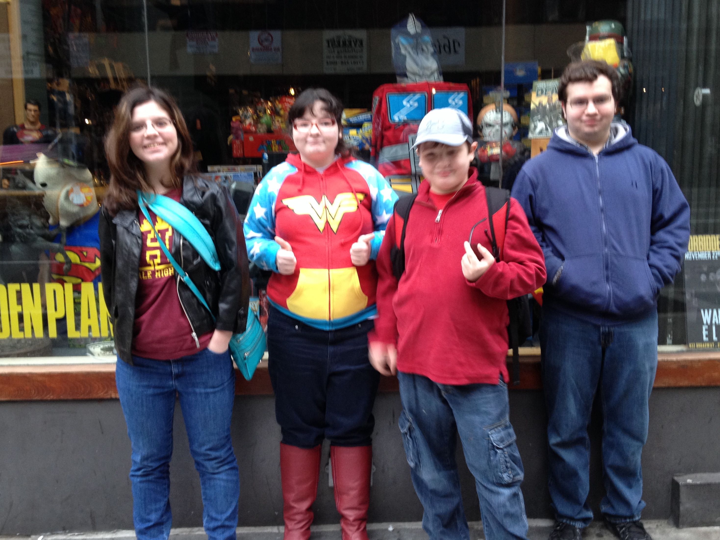 The geek crew of Corrina Lawson outside Forbidden Planet in New York City in November, just before filming the NickMom segment.