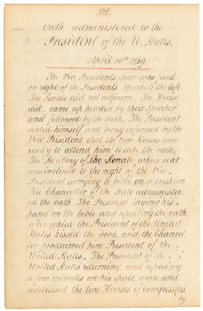 George Washington's Oath of Office, National Archives. (See more than page one at http://todaysdocument.tumblr.com/post/84322163697/congressarchives-225th-anniversary-of-the-first)