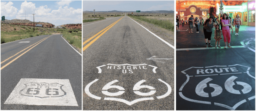 Historic "shield" stamps mark the long, lonely stretches along original stretches of Route 66 (sometimes I-40), but the Cars Land Route 66 stamp (far right) was a little more crowded.