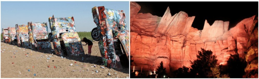 Cadillac Ranch near Amarillo is one of the few places graffiti is encouraged (left), and the rock formations at Ornament Valley in Radiator Springs bear a striking resemblance to their tail fins.