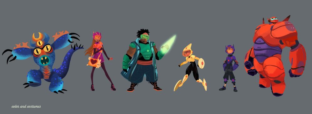 The Big Hero 6 team is ready for action! Visual development artist Lorelay Bove created character lineup concept art to showcase the “Big Hero 6” team. Pictured (L-R): Fred, Honey Lemon, Wasabi, Go Go Tomago, Hiro Hamada & Baymax. ©2014 Disney. All Rights Reserved.