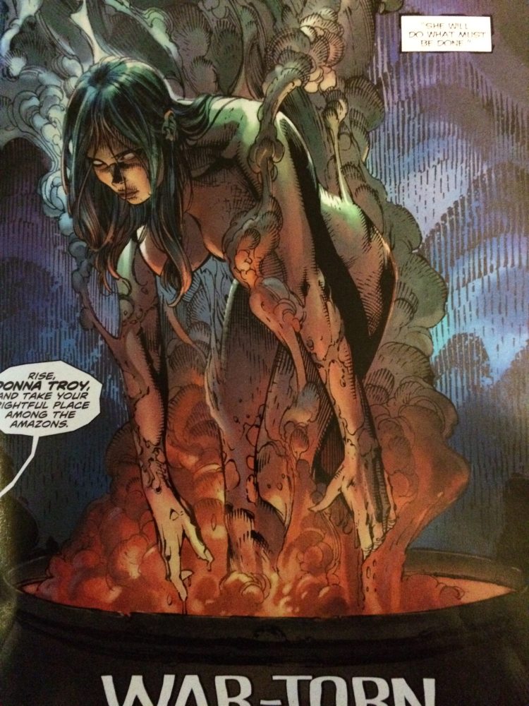 The resurrection of Donna Troy due to blood sacrifice in today's Wonder Woman #37. Art by David Finch. 