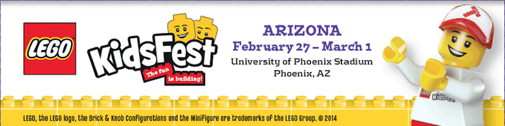 Banner with LEGO heads and KidsFest Logo, Dates, and Address