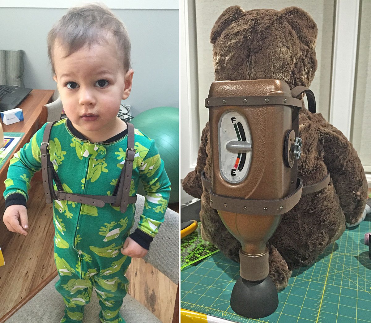 Captain Owen trying on his finished jetpack and Castle Bear modelling it. Photo by Will James.