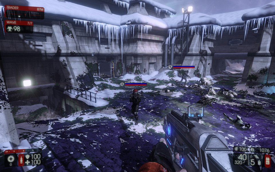 An open space in the game, covered in blood that has been turned blue for this article.
