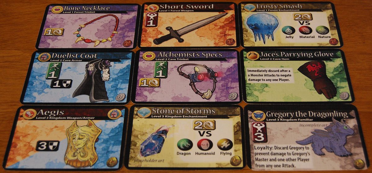 Some of the Random Encounters loot cards from the prototype. Artwork subject to change. Image by Rob Huddleston.