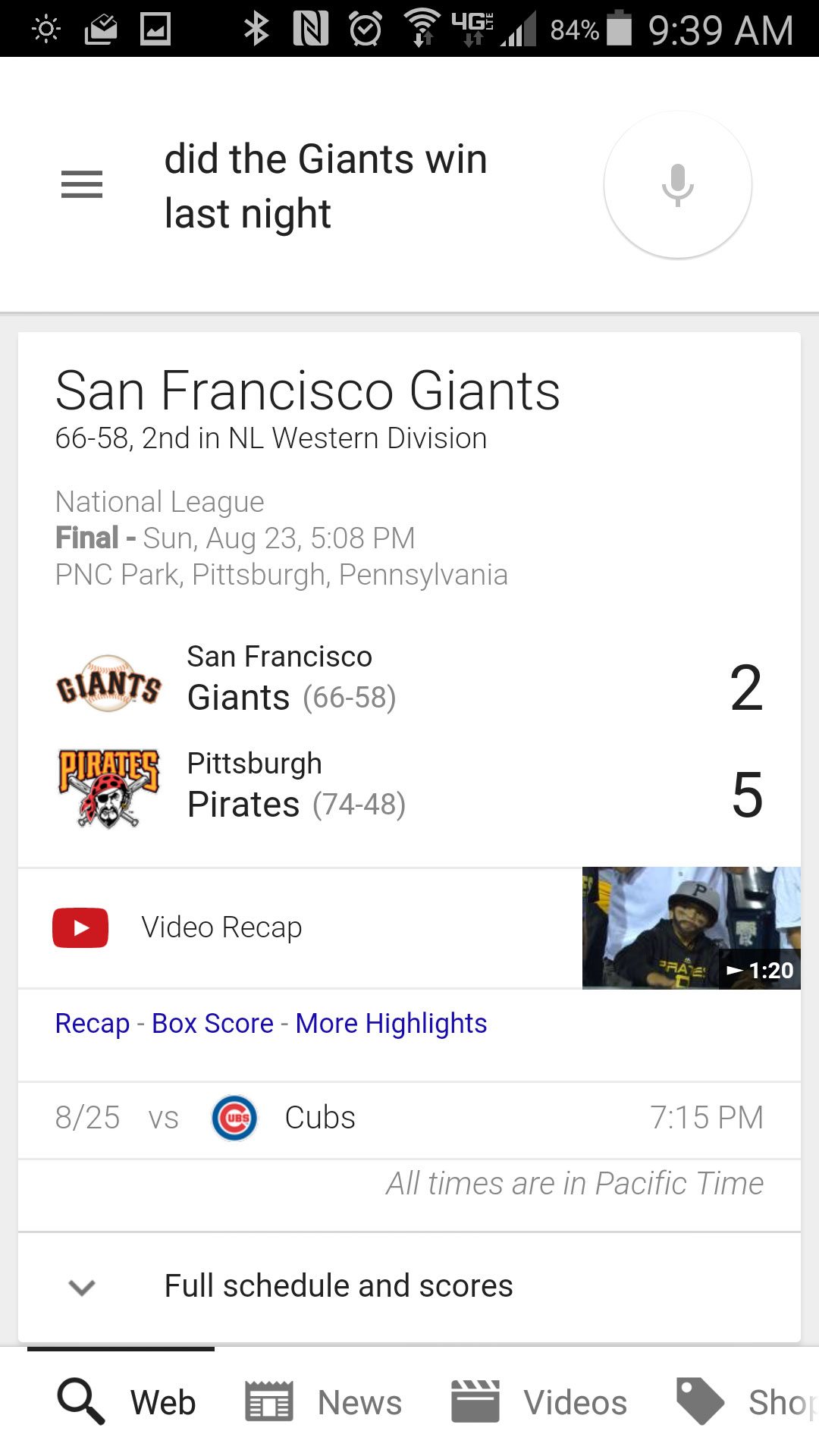 The Giants score via Google Now.