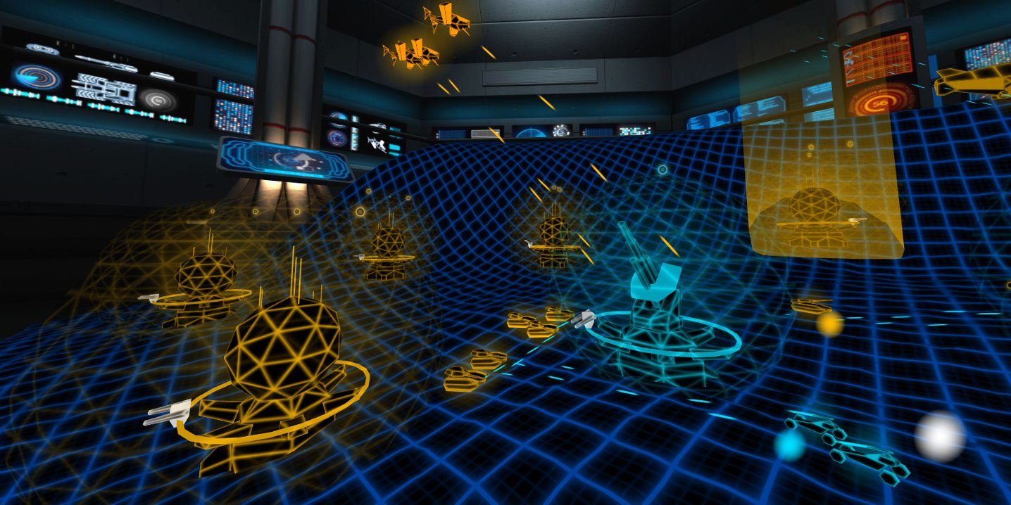 A virtual war room, with a polygon battlefield covered in brightly colored weapons of war.