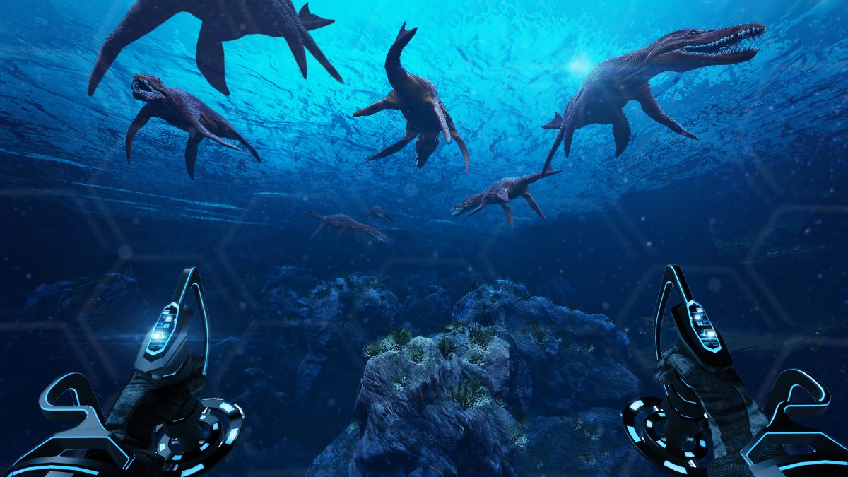An underwater scene from first person view. The pilot's hands are visible holding controls. Dinosaurs swim in the distance.