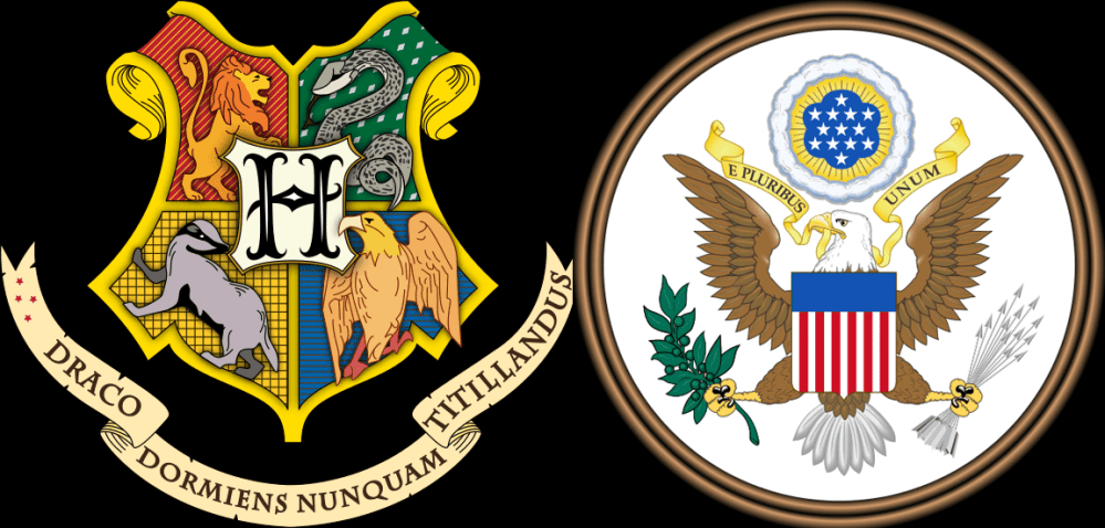 Hogwarts Crest Art by https://commons.wikimedia.org/wiki/File:Hogwarts_coat_of_arms_colored_with_shading.svg "Great Seal of the United States (obverse)" by U.S. Government - Licensed under Public Domain