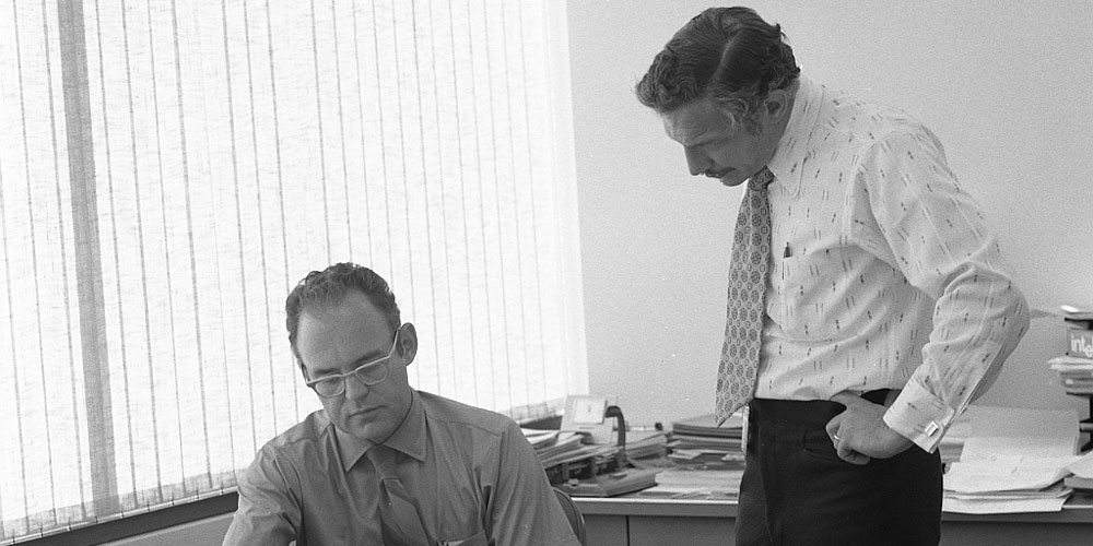 Robert Noyce (left) and Gordon Moore at Intel. Image credit: By Intel Free Press [CC BY-SA 2.0 (http://creativecommons.org/licenses/by-sa/2.0)], via Wikimedia Commons