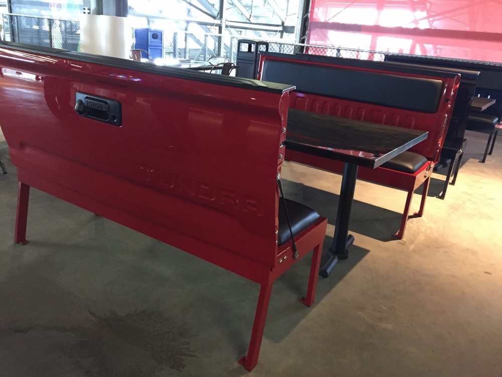 Actual pick-up truck benches at the Toyota Roadhouse. photo by Corrina Lawson