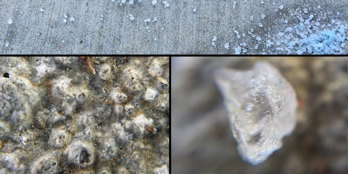 Collage showing concrete with rock salt on it, then zoomed photos of the concrete and a piece of rock salt.
