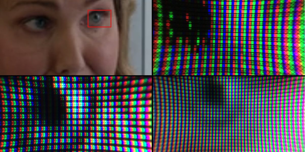 A collage showing a woman's face, then three zoomed in photos of her eye on Plasma, LCD, and a monitor, showing the individual pixels lighting up.