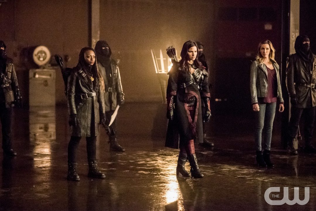 Arrow -- "Sins of the Father" -- Image AR413b_0330b.jpg -- Pictured (L-R): Natasha Gayle as Talibah, Katrina Law as Nyssa al Ghul, and Katie Cassidy as Laurel Lance -- Photo: Dean Buscher/ The CW -- Ã?Â© 2016 The CW Network, LLC. All Rights Reserved.