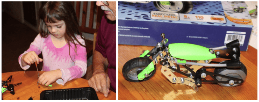 It took three generations as many hours to get this little Meccano motorcycle like we wanted it. Not a minute was wasted. Images: Lisa Kay Tate