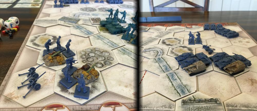 Memoir '44 board set up with the upgraded M2 Mortar and Tank destroyers shown alongside the other game pieces.