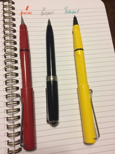 c. Shiri Sondheimer. Pens, from left to right are: Lamay Safari Fountain Pen, Levenger True Writer Ballpoint, and Lamay Safari Rollerball