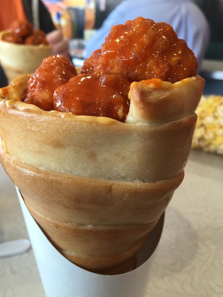 A buffalo chicken macaroni and cheese cone, from of the 1950s eatery near the Fireball. photo by Corrina Lawson 