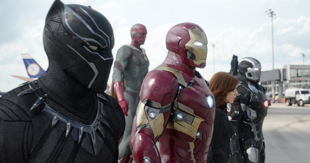 Team Iron Man: Black Panther (Chadwick Boseman), Vision (Paul Bettany), Iron Man (Robert Downey Jr.), Black Widow (Scarlett Johansson), and War Machine (Don Cheadle). Photo Credit: Film Frame © Marvel 2016