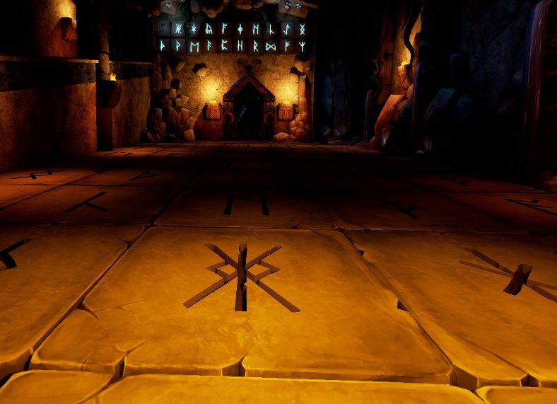 First person view of a stone floor with symbols on tiles corresponding to a list of symbols on the wall above in FATED: The Silent Oath