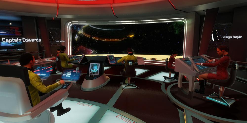 Screen shot from Star Trek: Bridge Crew. Perspective from the bridge of a 'Star Trek' starship, looking out the main screen over the heads of the other station member.