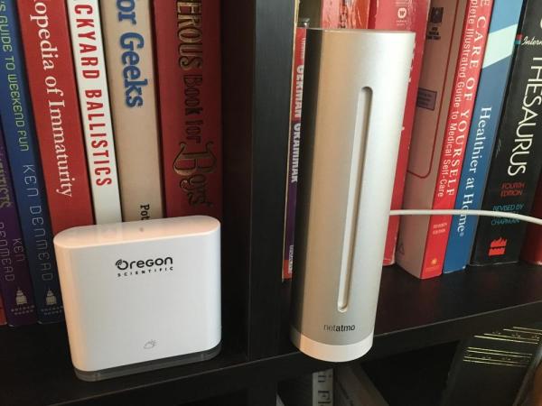 Apparently weather sensor systems that don't have data displays are becoming a trend. On the left is the Bluetooth Weather+ and on the right is my WiFi-enabled Netatmo system, which is AC powered. Image credit: Patricia Vollmer.