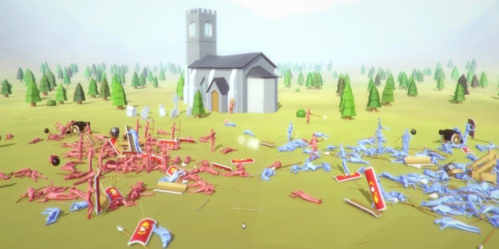 Battlefield full of dead abstract red and blue soldiers with googly eyes in Totally Accurate Battle Simulator