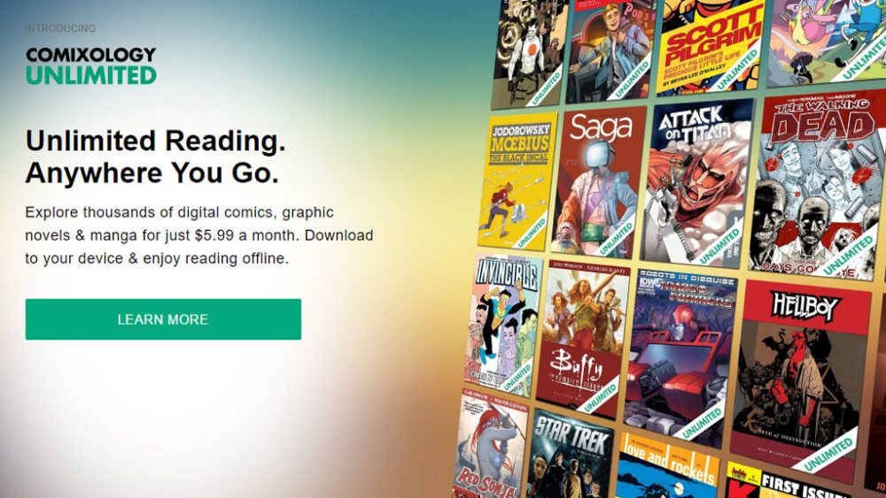 Comixology Unlimited promotion showing multiple comic book titles