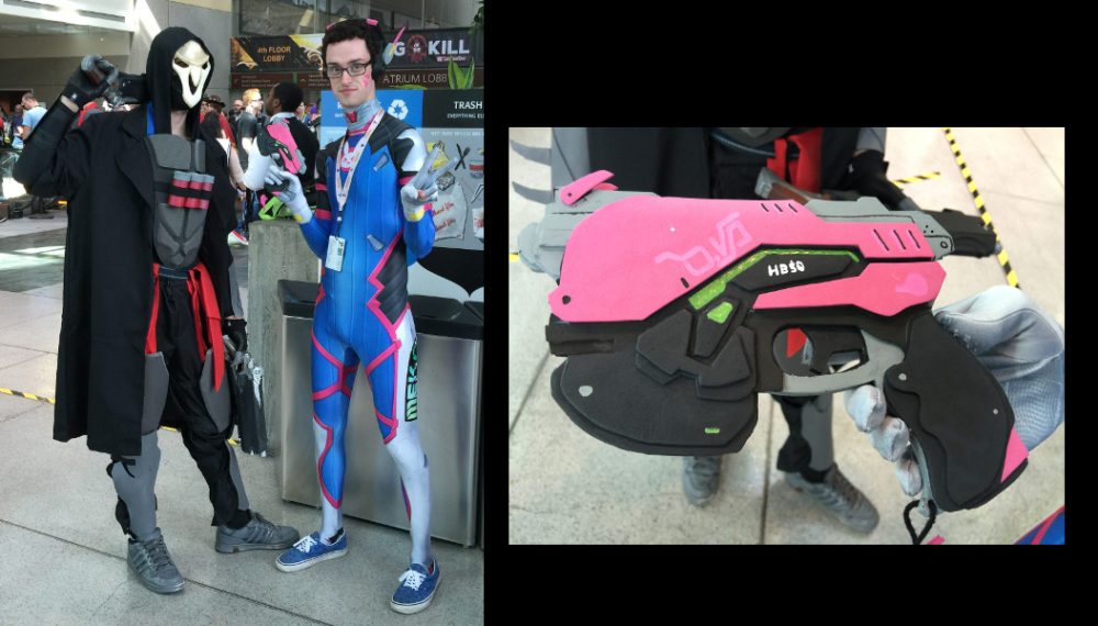 Costume play from PAX West 2016 showing Reaper and D.VA, plus a close-up of D.VA's handgun and how it was built from layers of foam.
