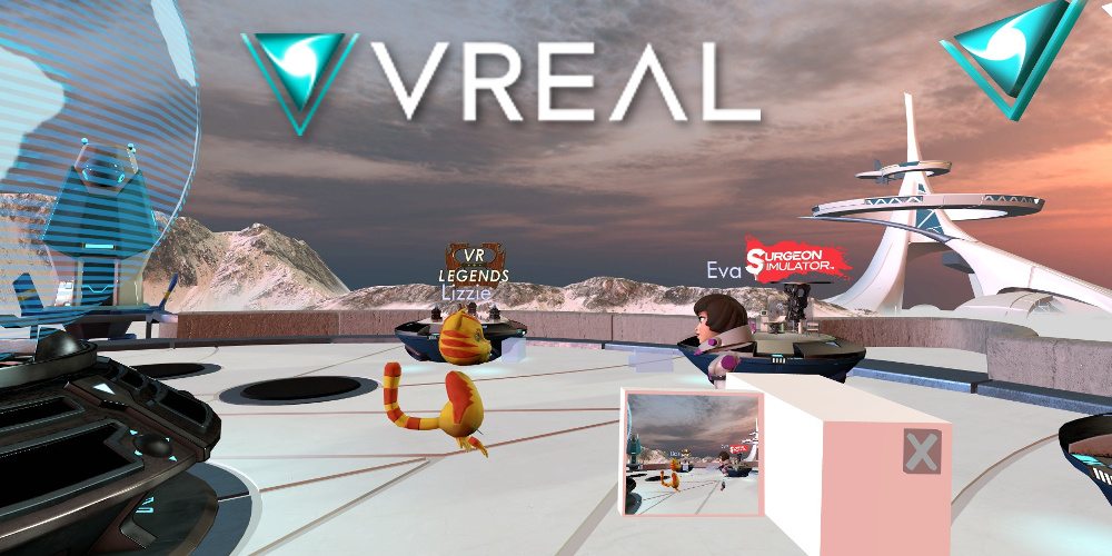 Two avatars, a cat and a human female, face each other in the VReal lobby, a camera pointed at them showing the scene.
