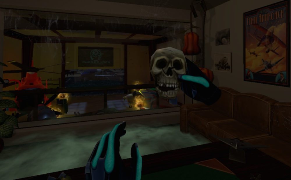 The virtual hands in 'Final Approach' hold a skull in Halloween themed content in the starting office.