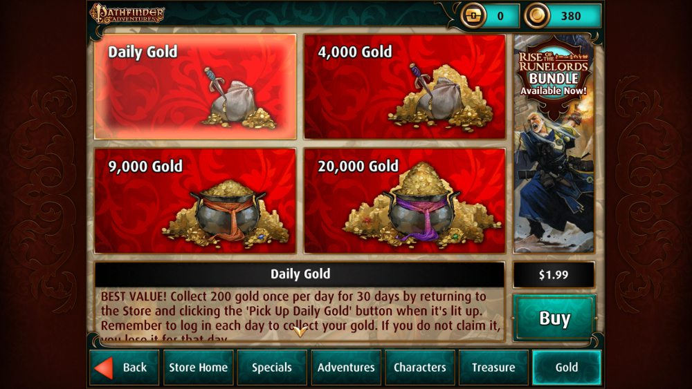 The "Gold" tab of the Pathfinder Adventures in-app store, showing the four gold bundles: Daily Gold, 4,000 gold, 9,000 gold, and 20,000 gold.