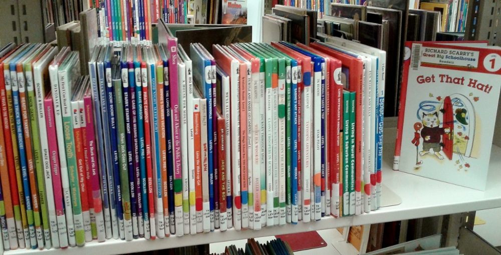 A shelf of leveled Beginning Reader books