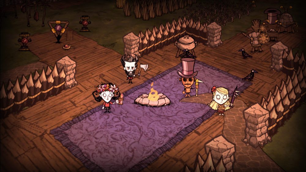 A scene from Don't Starve Together showing a number of characters in a fort around a fire.