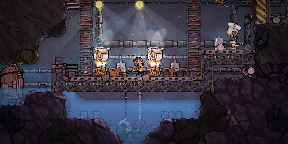 An unhappy duplicant in Oxygen Not Included, probably due to being too hot. He is standing between two machines that have fire coming out of them and he appears to be sweating and crying.