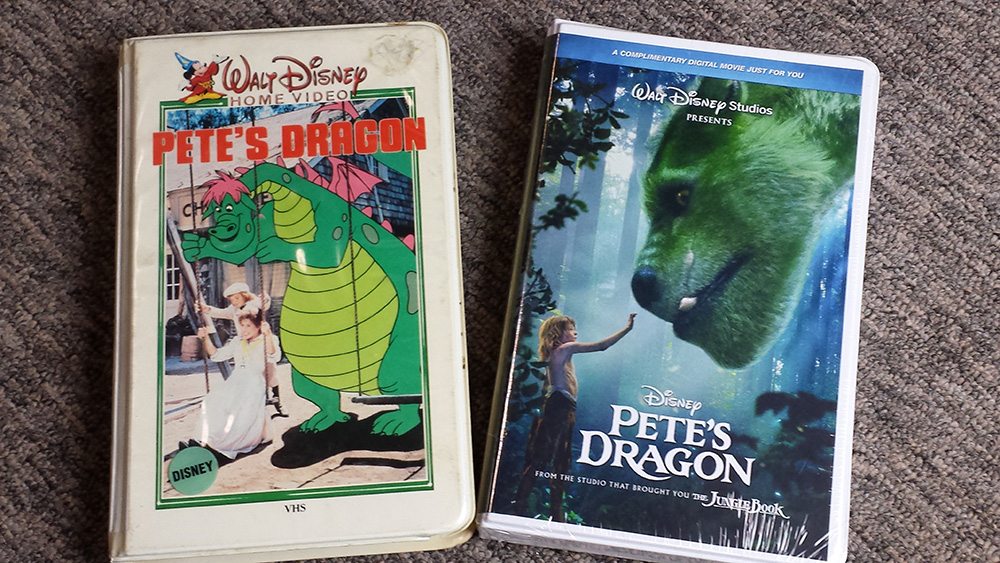 The original Pete's Dragon 1980 VHS release next to the 2016 promotional mock-up by Disney.