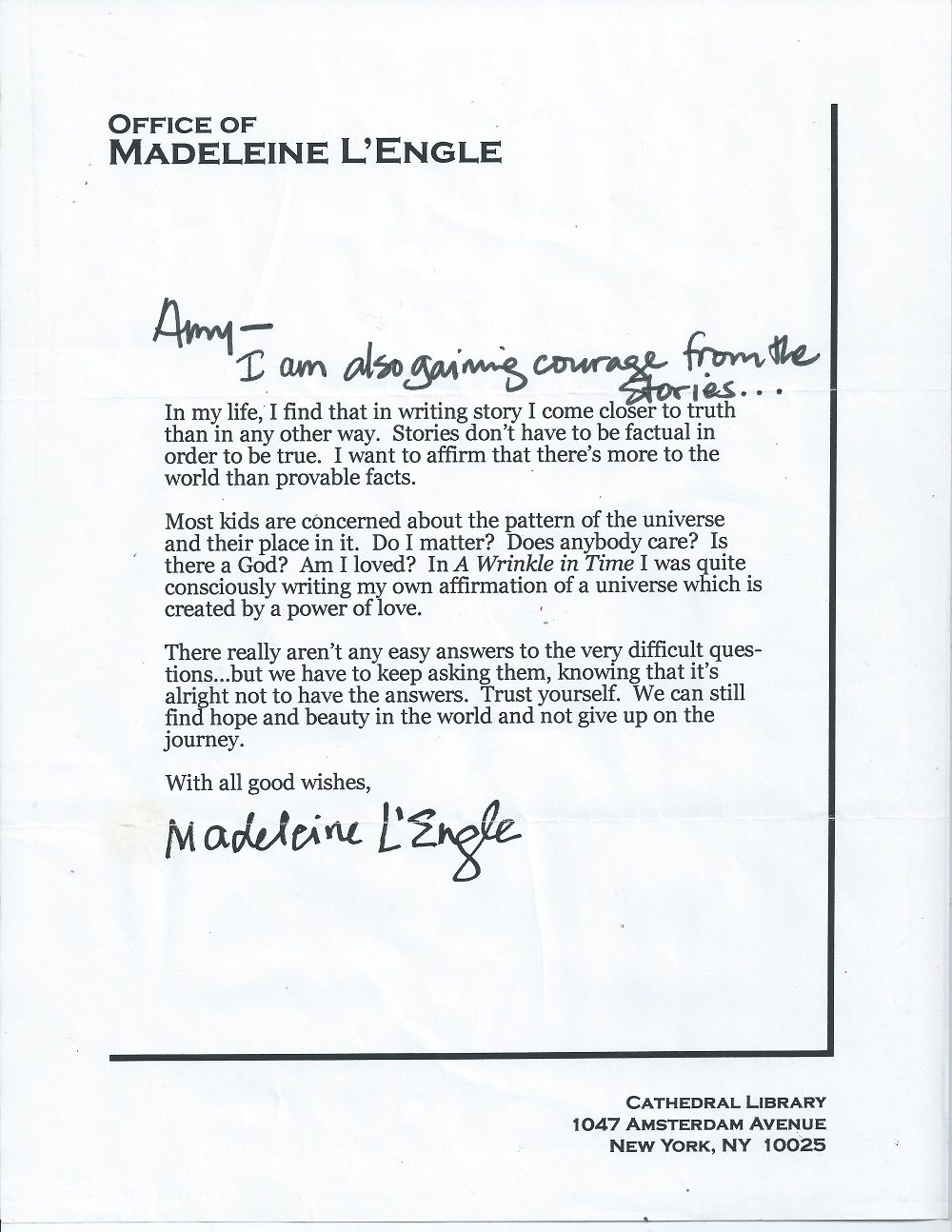 Letter from Madeleine Lengle as received by Amy Matviya in November 2001