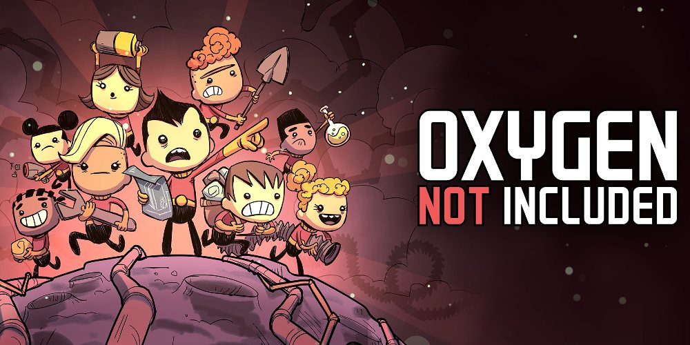 The promo picture for "Oxygen Not Included" showing a number of duplicants on a small asteroid carrying tools.