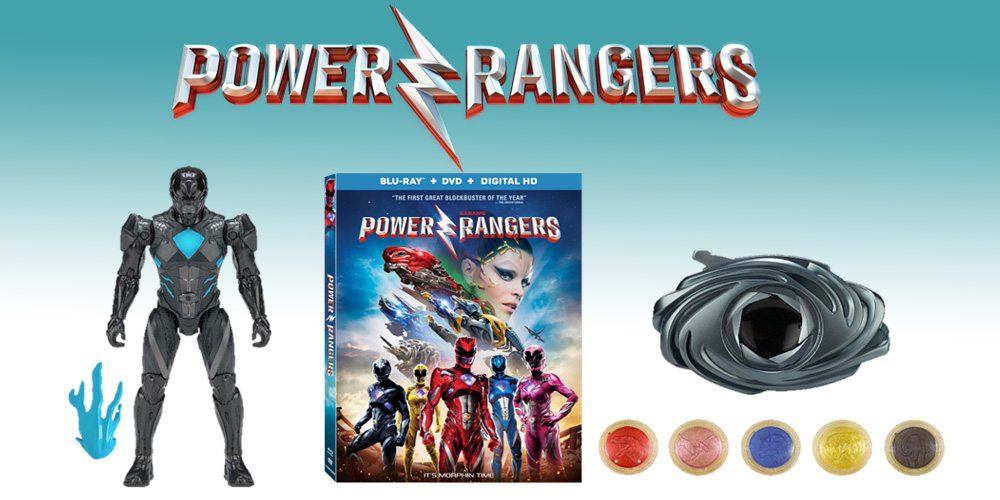 Power Rangers prize pack: Blue Ranger toy, Blu-Ray copy of the movie, and a power morpher toy.