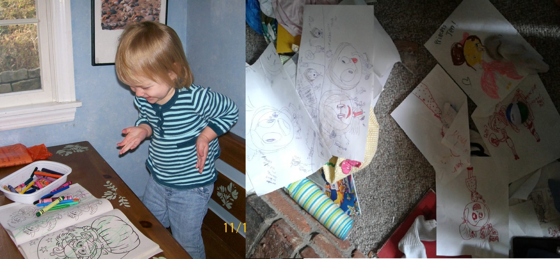 the author's daughter colors as a toddler and leaves a pile of drawings as an 8yo
