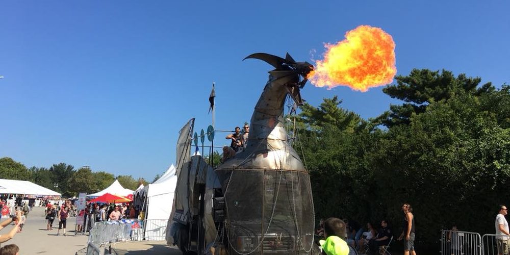 'Heavy Meta', a giant metalwork fire-breathing dragon, was a hard to miss feature at Maker Faire. Photo: Paul Calvano