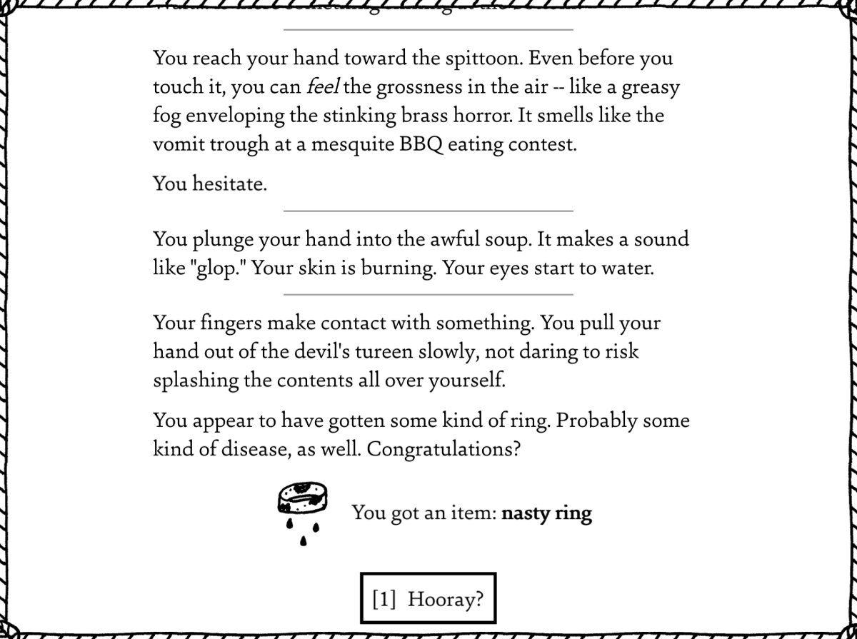 The text shown as the West of Loathing narrator tries to dissuade you from investigating a spittoon.