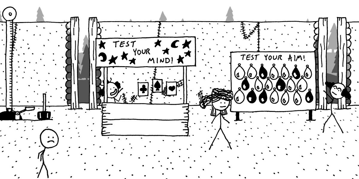 The hero stands in front of clowns at the games section of a circus in West of Loathing.