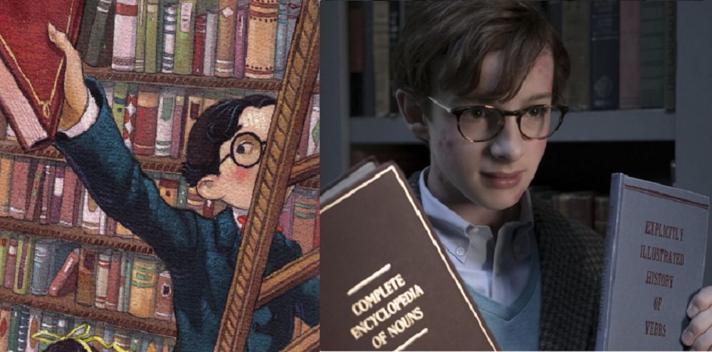 Two pics of Klaus Baudelaire (one from the books, one from the Netflix series) searching for clues in library books