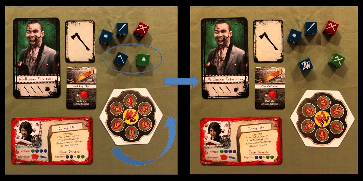 Two scenes from combat in Adventures in Zombiewood, showing dice symbols that match those on a zombie card. The second scene shows that the six-shooter has been rotated, and two of the five dice are showing new symbols.